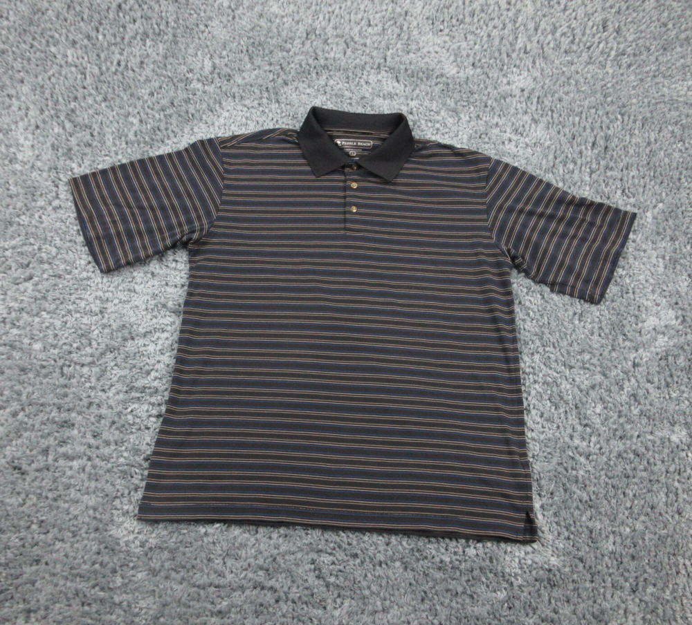 Pebble Beach Shirt Mens Large Black Blue Gray Striped Performance Golf Polo
